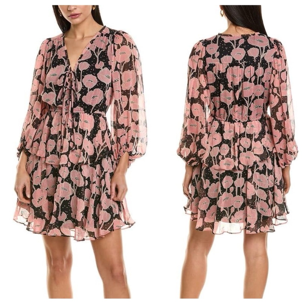 NWOT TED BAKER Priana Ruffle Sleeve Floral Romantic Mini Dress Pink Black Size 2